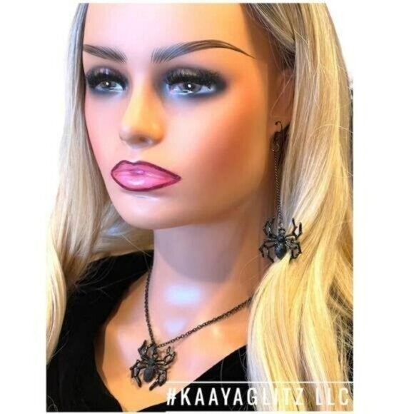 Spider Necklace Earrings Set Halloween Jewelry Halloween Costume Spiderweb Chain - Picture 3 of 6